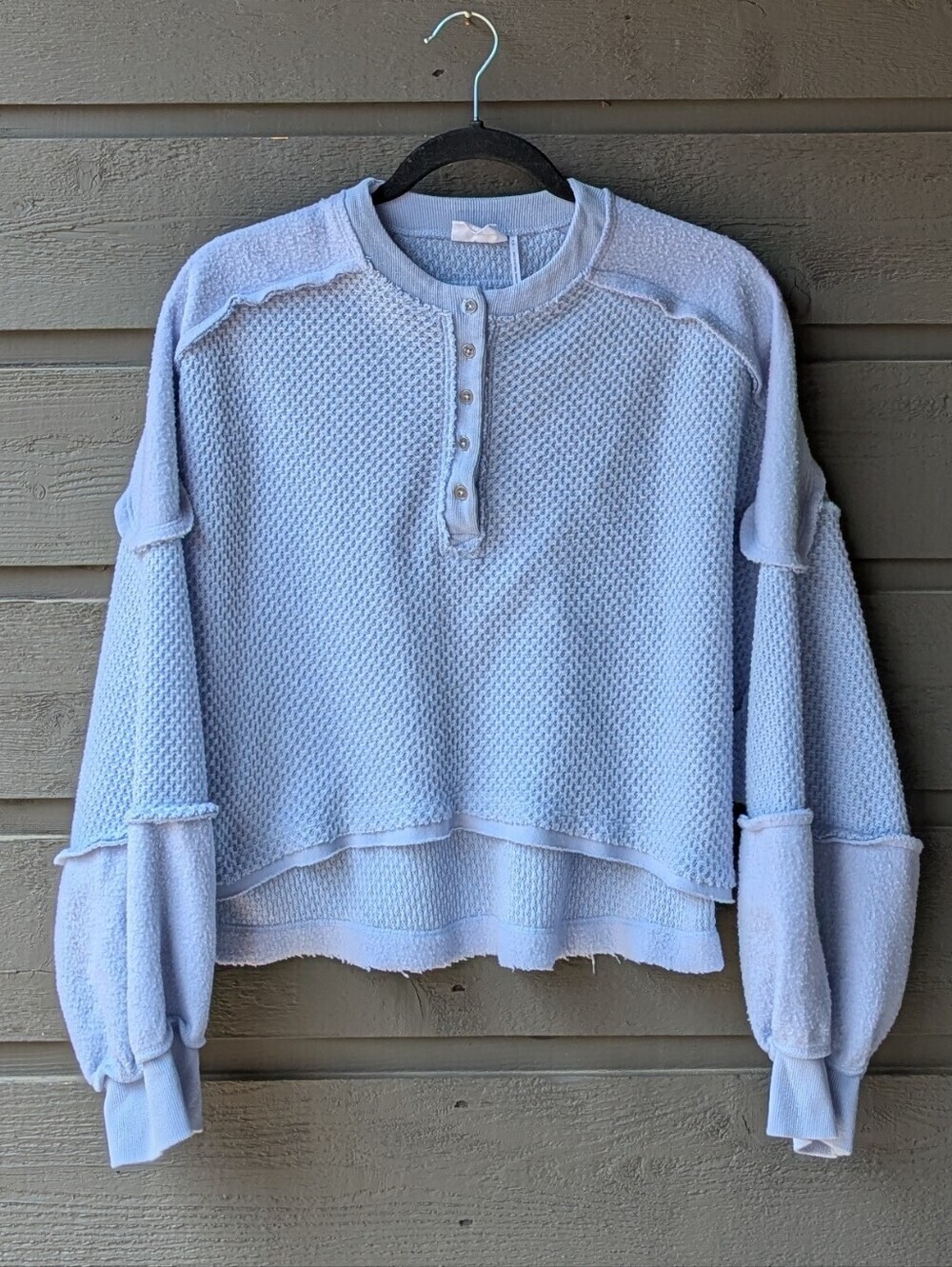 UO Out From Under Mel Pieced And Seamed Sweatshirt Pale Blue Medium Patchwork